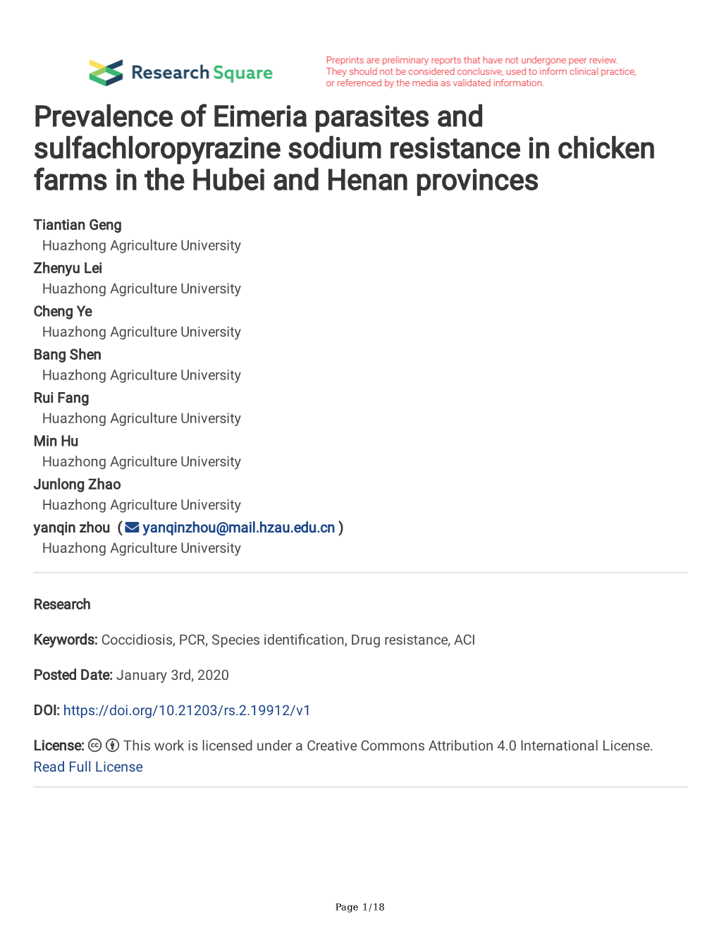 Prevalence of Eimeria Parasites and Sulfachloropyrazine Sodium Resistance in Chicken Farms in the Hubei and Henan Provinces