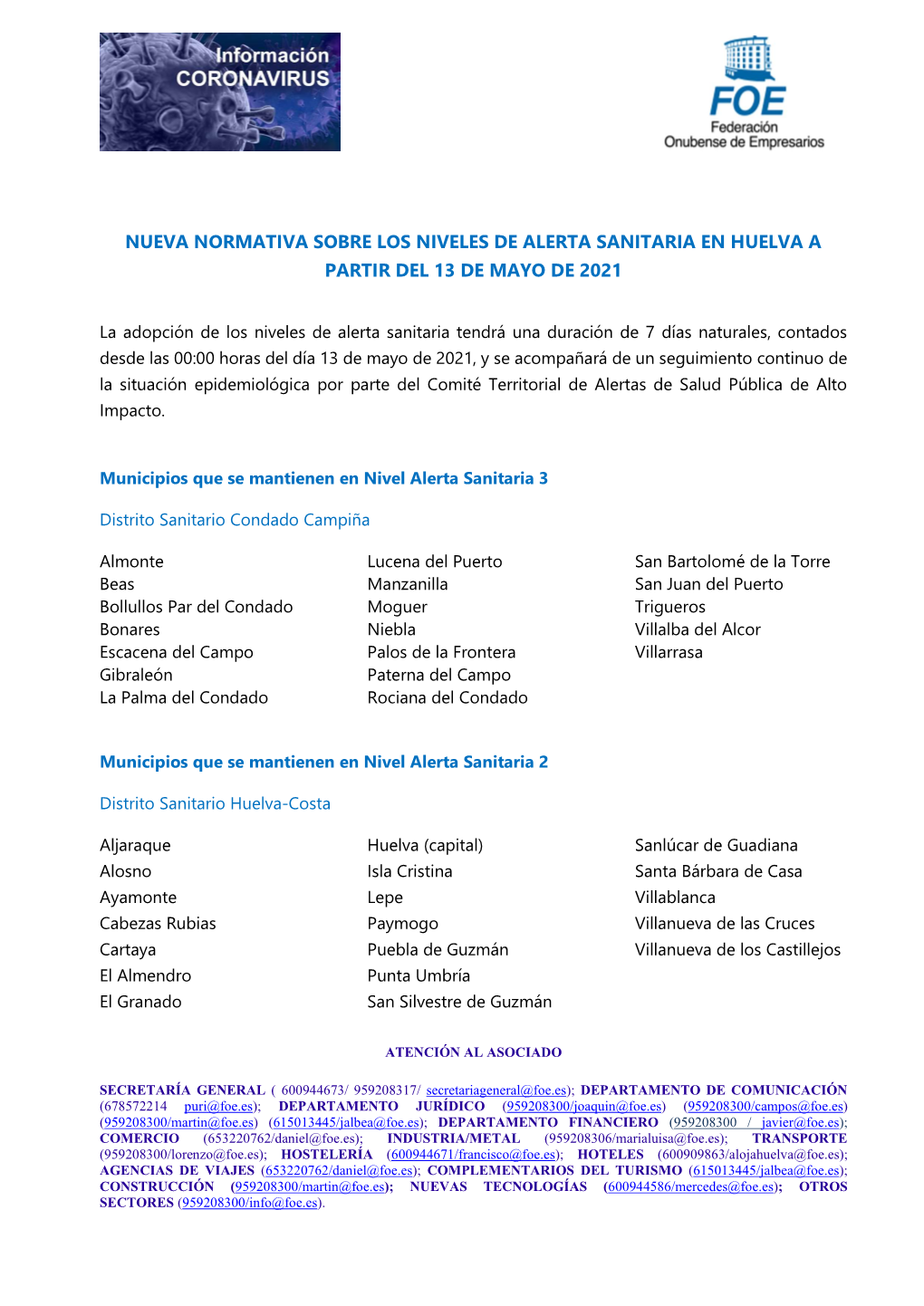 Nueva Normativa Sobre Los Niveles De Alerta Sanitaria En Huelva a Partir Del 13 De Mayo De 2021