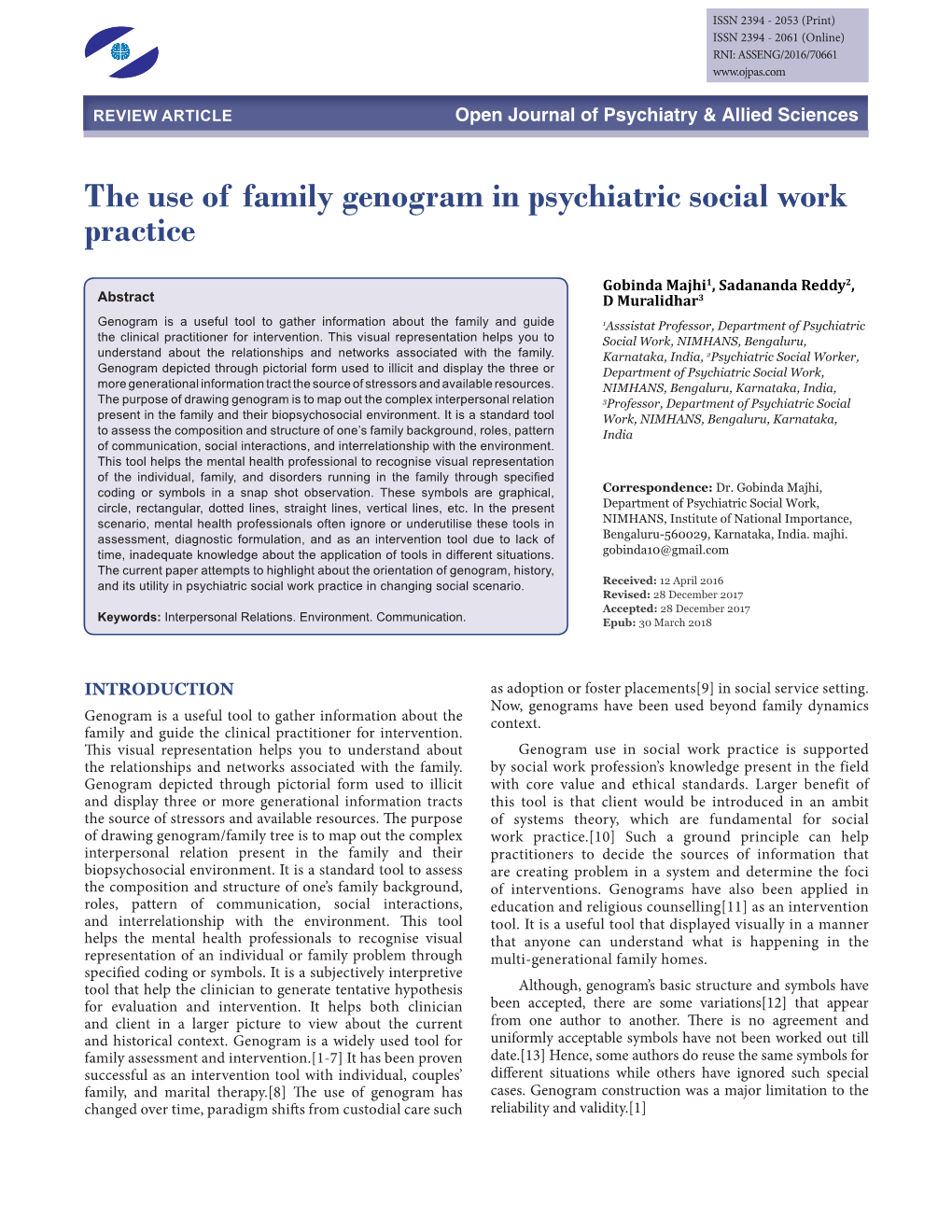 The Use of Family Genogram in Psychiatric Social Work Practice