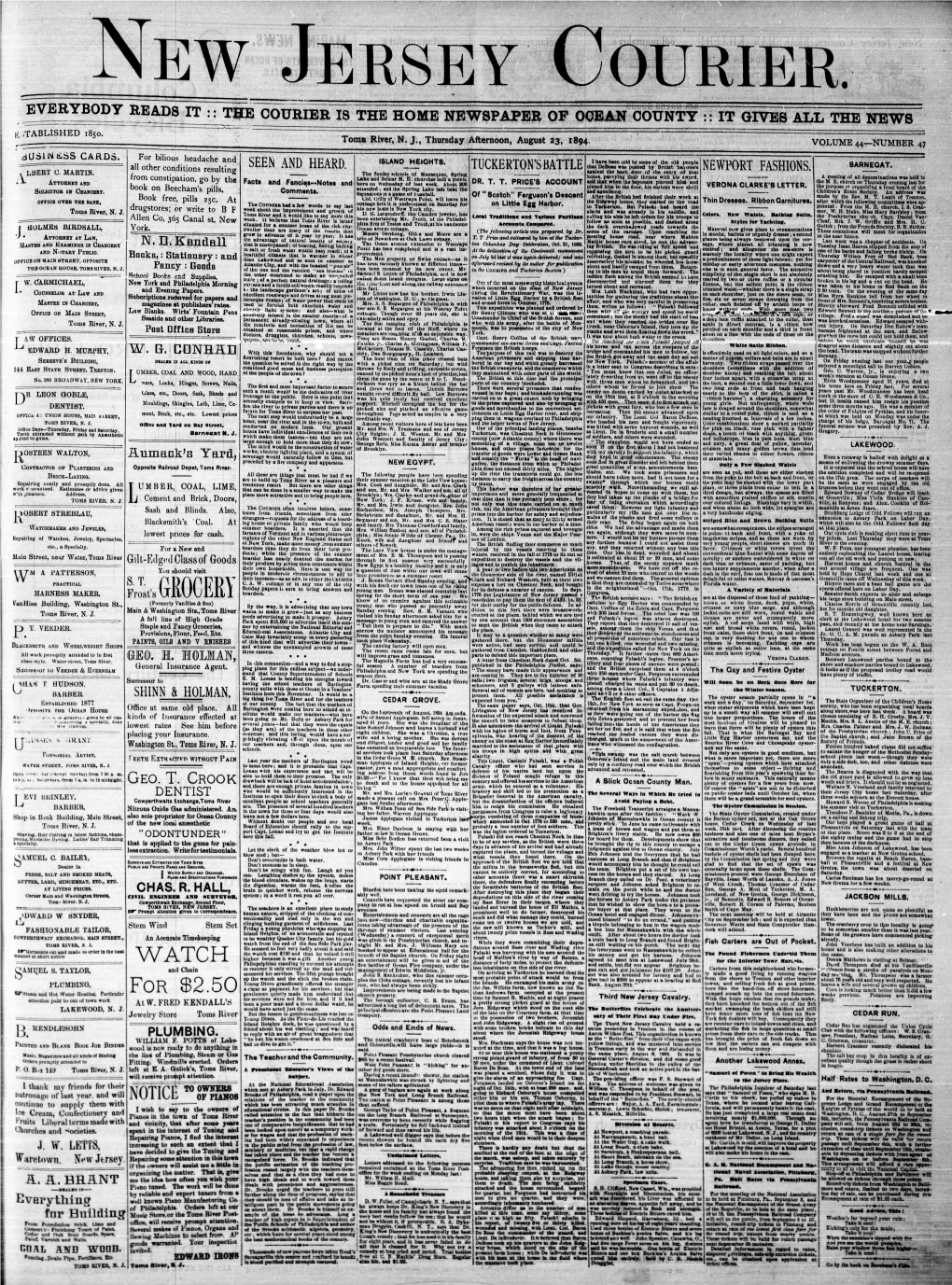 New Jersey Courier. EVERYBODY READS IT :: the COURIER IS the HOME NEWSPAPER of OCEAN COUNTY :: IT GIVES ALL the NEWS Li .TABLISHED 1850