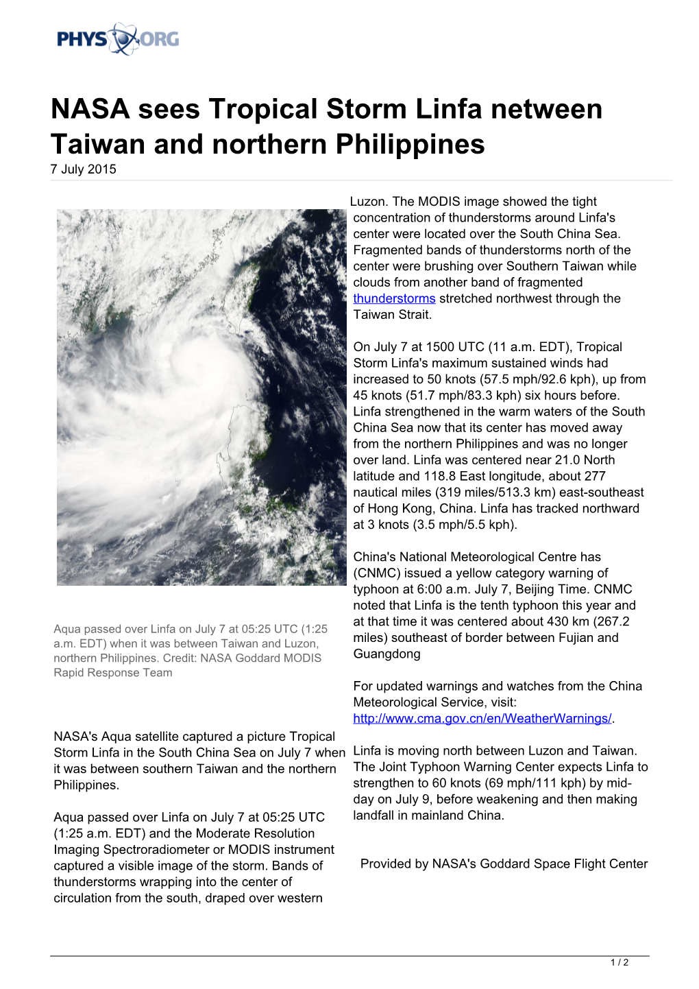 NASA Sees Tropical Storm Linfa Netween Taiwan and Northern Philippines 7 July 2015