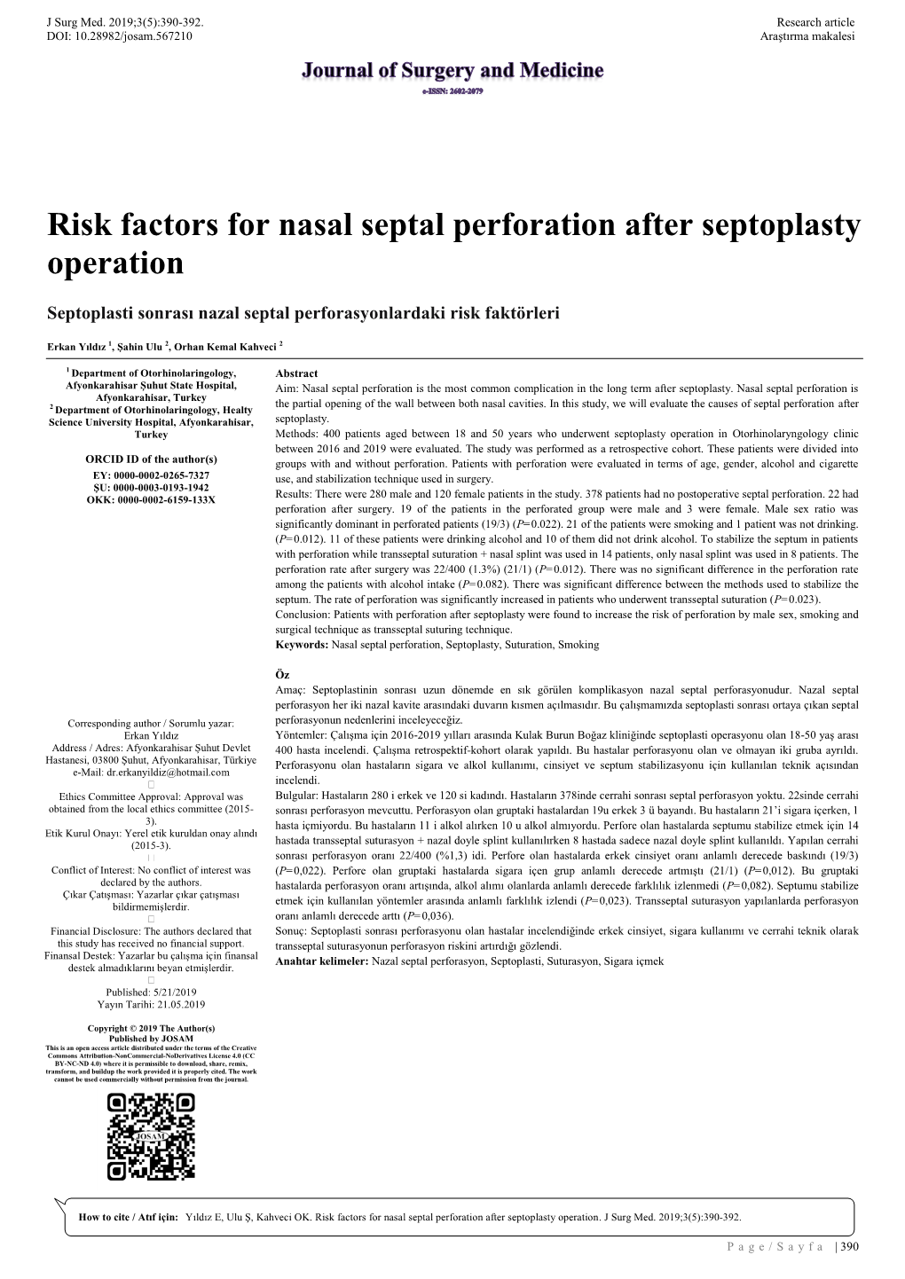 Risk Factors for Nasal Septal Perforation After Septoplasty Operation