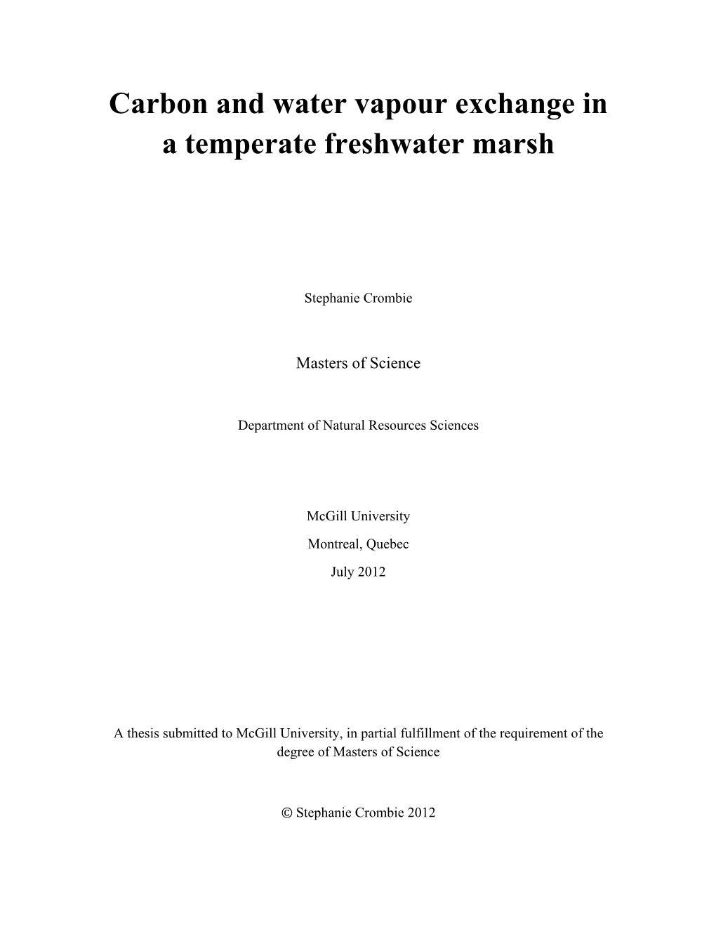 Carbon and Water Vapour Exchange in a Temperate Freshwater Marsh