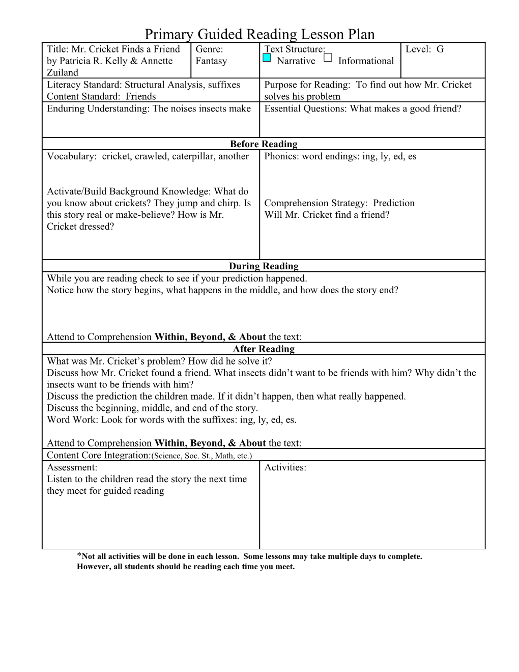 Primary Guided Reading Lesson Plan s3