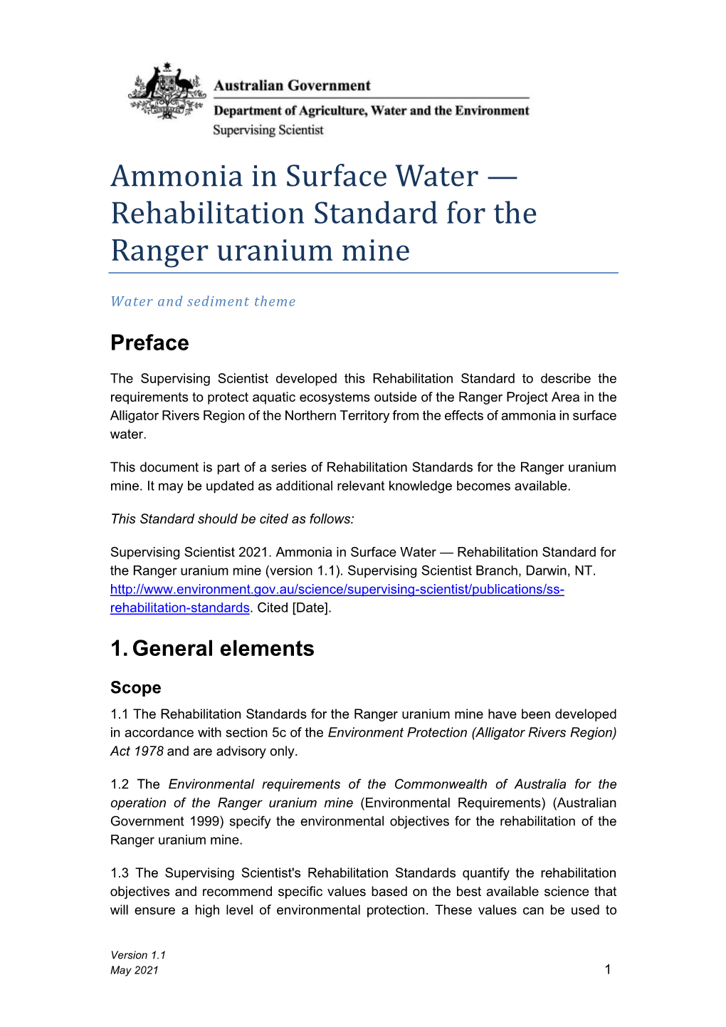 Ammonia in Surface Water — Rehabilitation Standard for the Ranger Uranium Mine