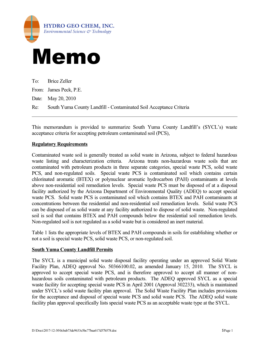 Re: South Yuma County Landfill - Contaminated Soil Acceptance Criteria