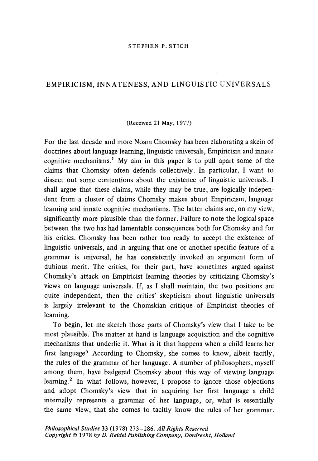 Empiricism, Innateness, and Linguistic Universals