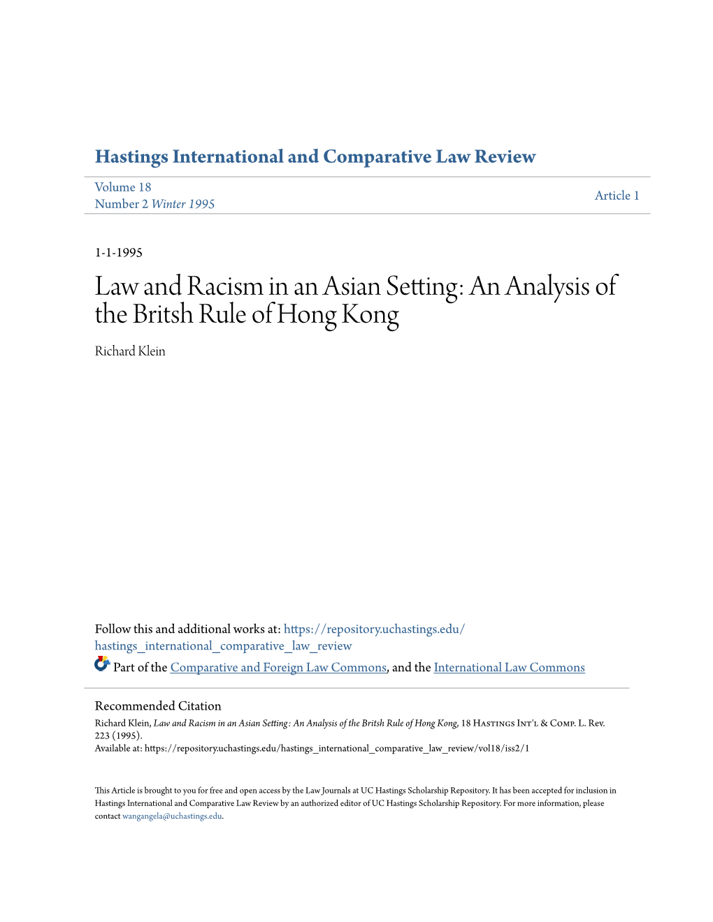 An Analysis of the Britsh Rule of Hong Kong Richard Klein