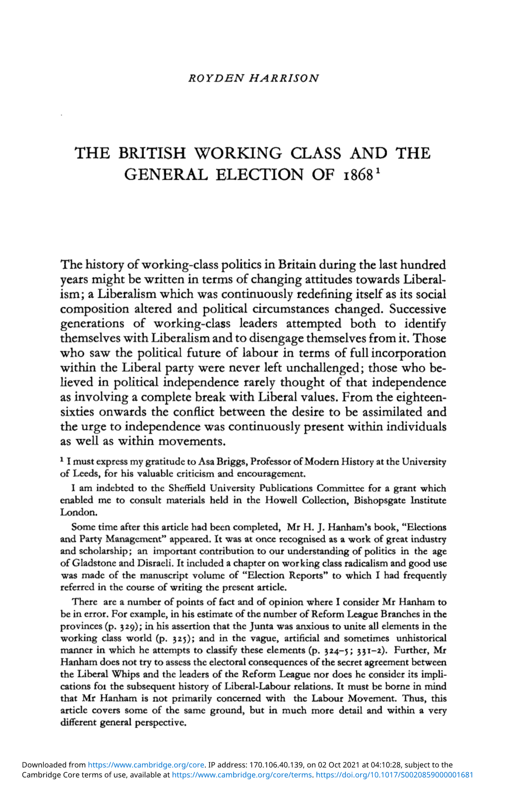 The British Working Class and the General Election of 1868 1