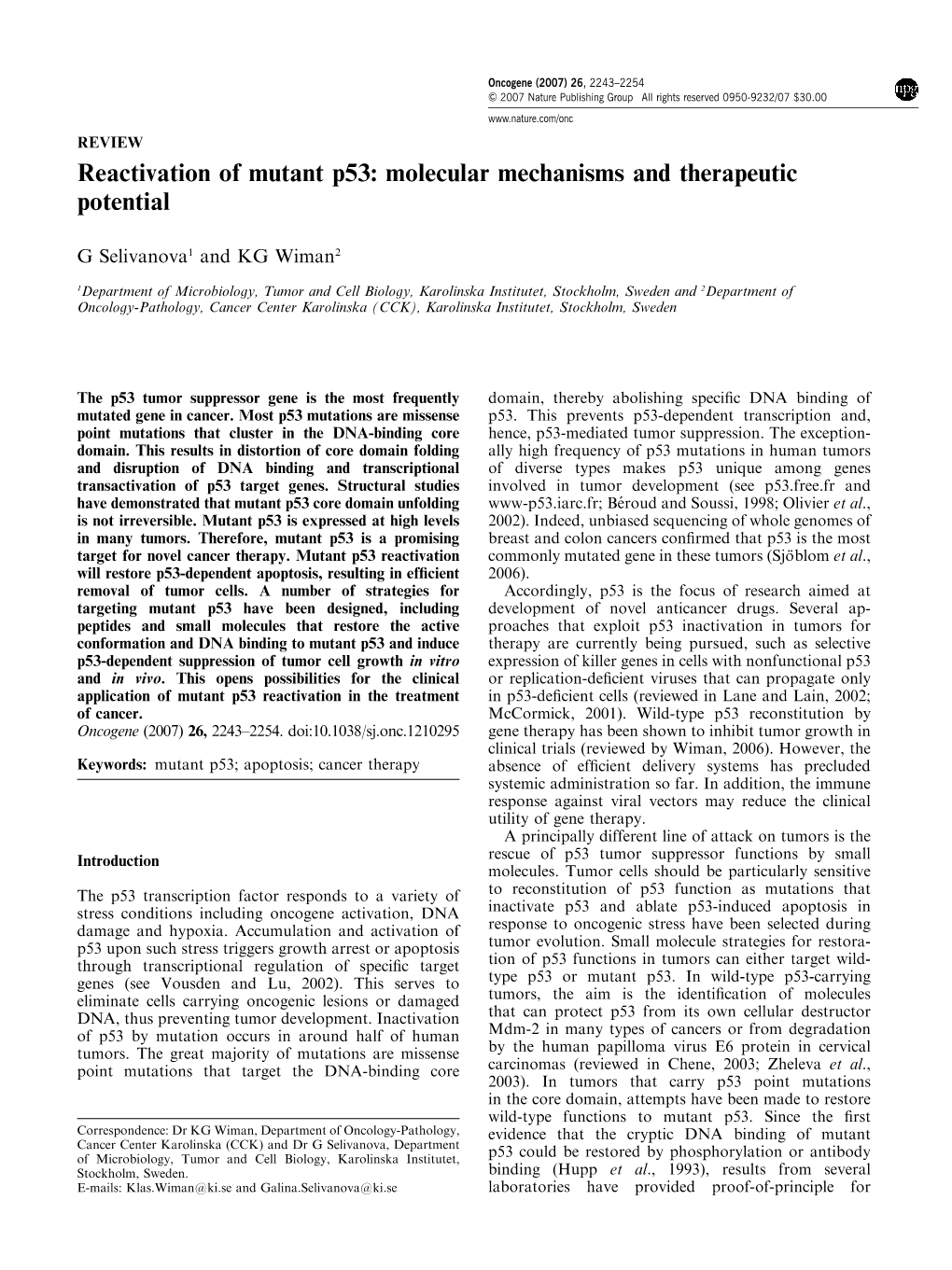 Reactivation of Mutant P53: Molecular Mechanisms and Therapeutic Potential