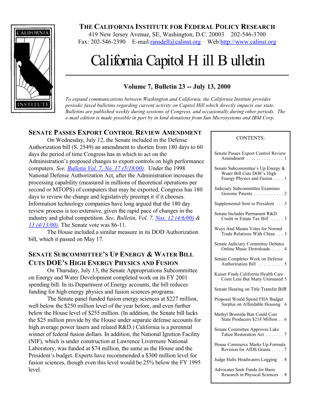 CI Capitol Hill Bulletin 7/13/00