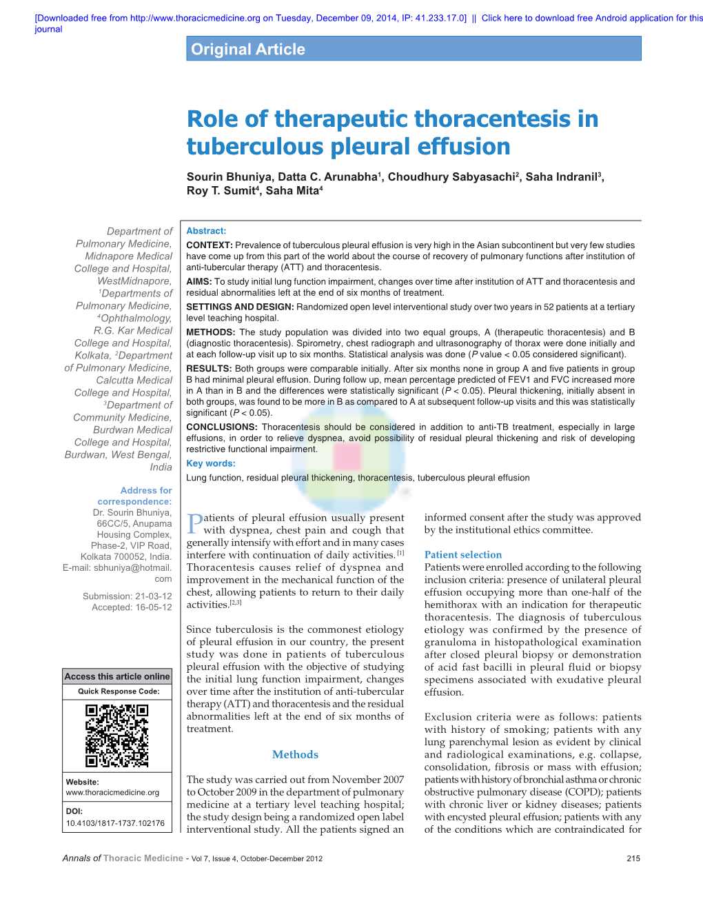 Role of Therapeutic Thoracentesis in Tuberculous Pleural Effusion