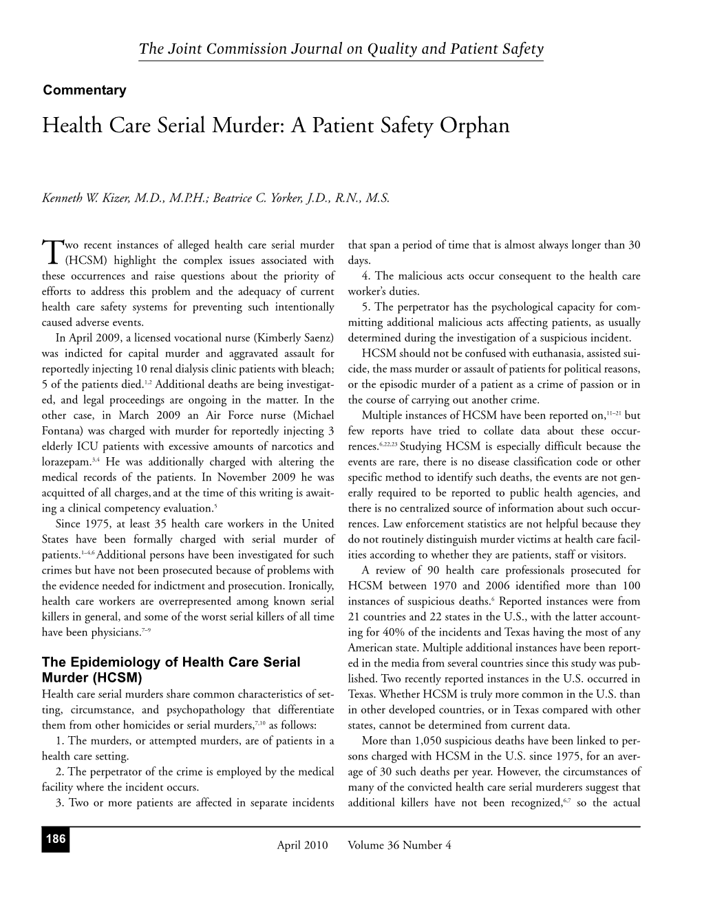 Health Care Serial Murder: a Patient Safety Orphan