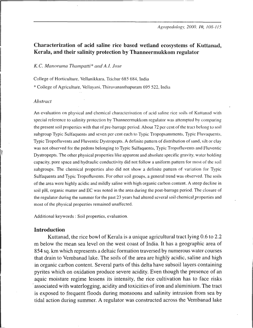 Characterization of Acid Saline Rice Based Wetland Ecosystems of Kuttanad, Kerala, and Their Salinity Protection by Thanneermukkom Regulator