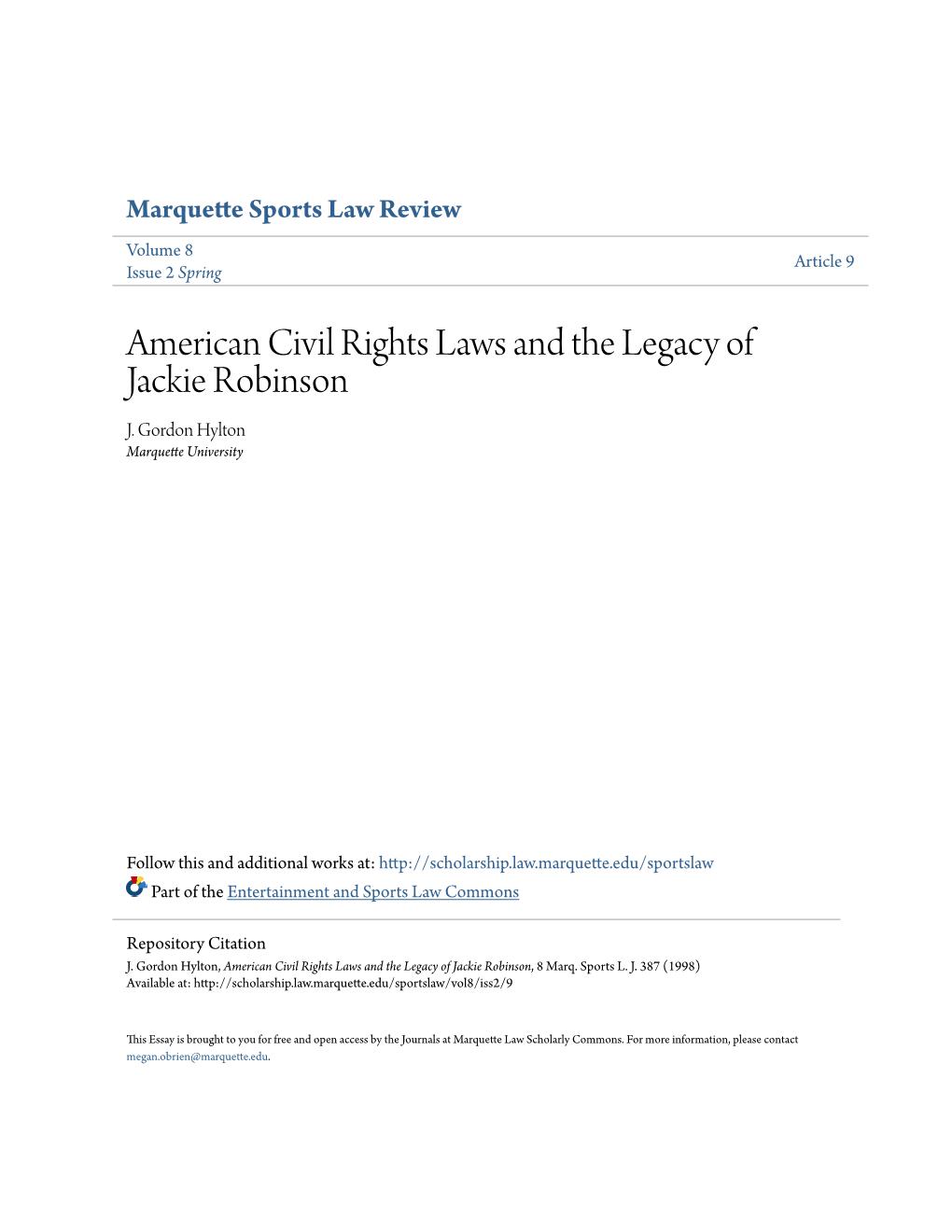 American Civil Rights Laws and the Legacy of Jackie Robinson J