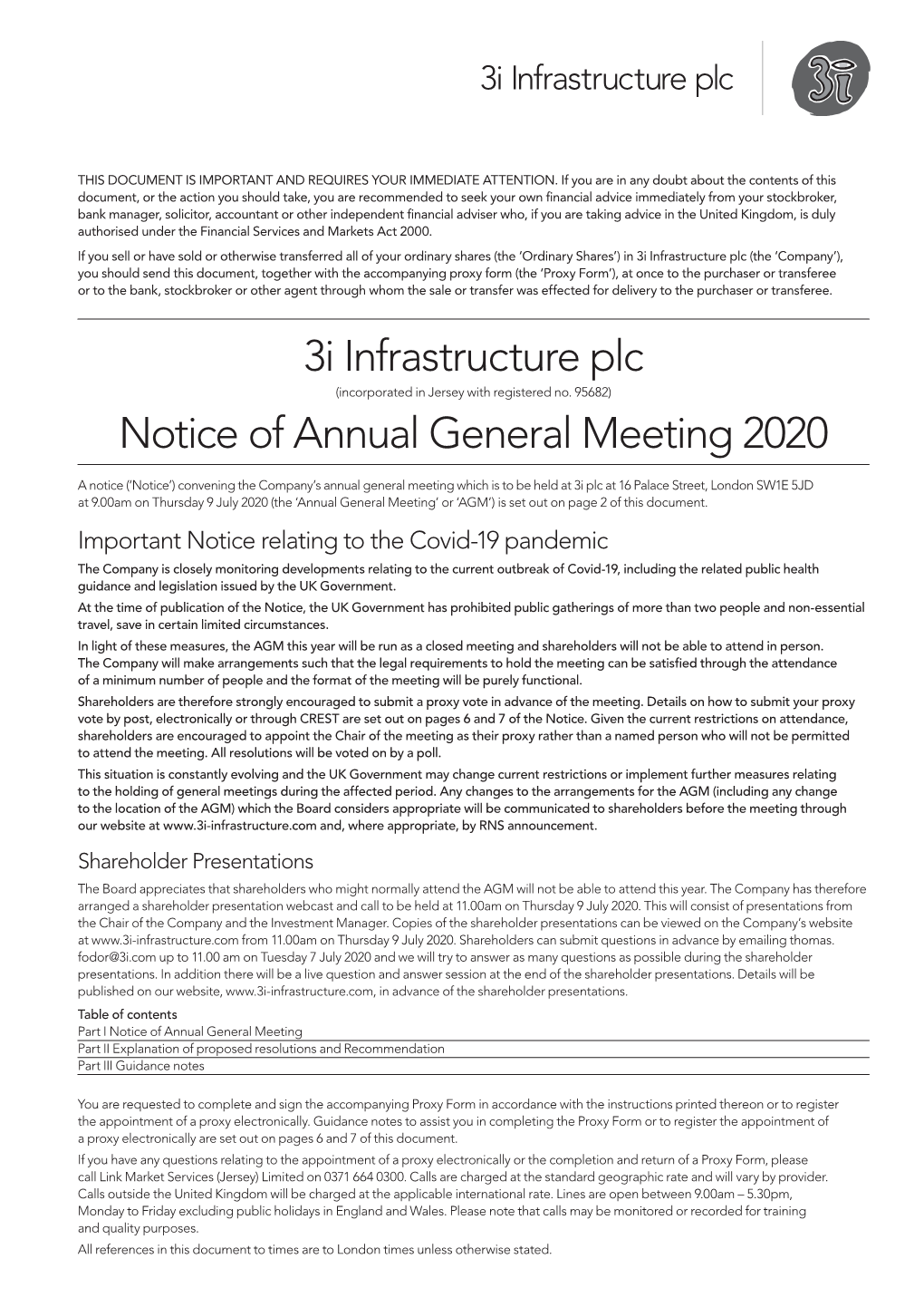3I Infrastructure Plc Notice of Annual General Meeting 2020 Part I