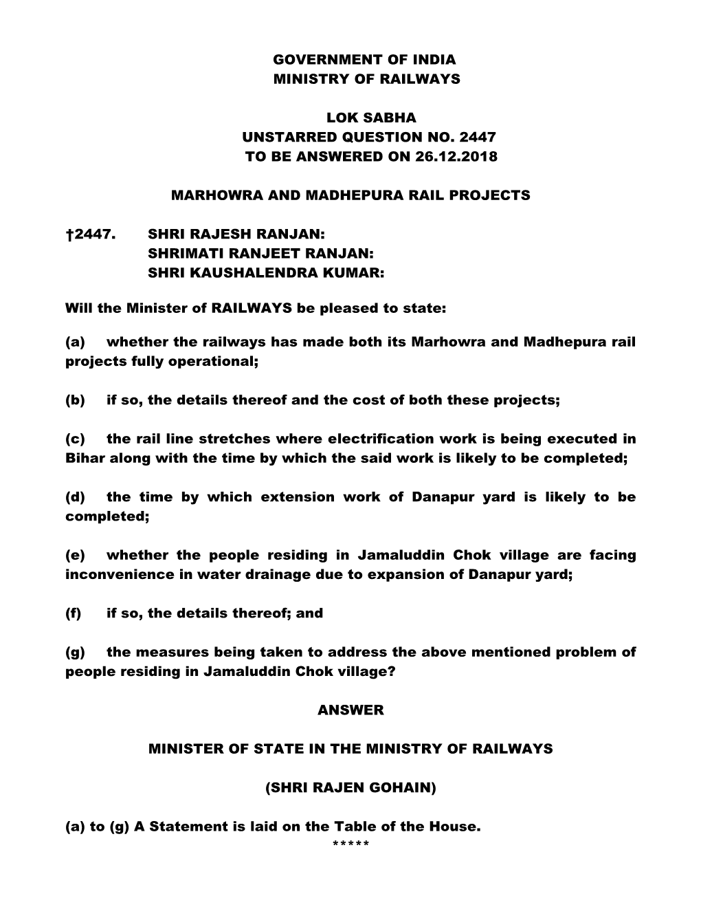 Government of India Ministry of Railways Lok Sabha