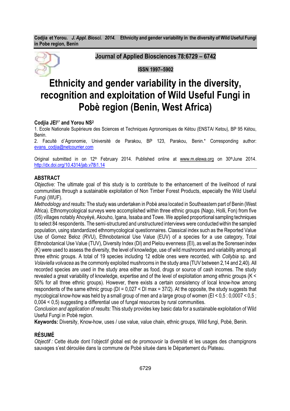 Ethnicity and Gender Variability in the Diversity, Recognition and Exploitation of Wild Useful Fungi in Pobè Region (Benin, West Africa)