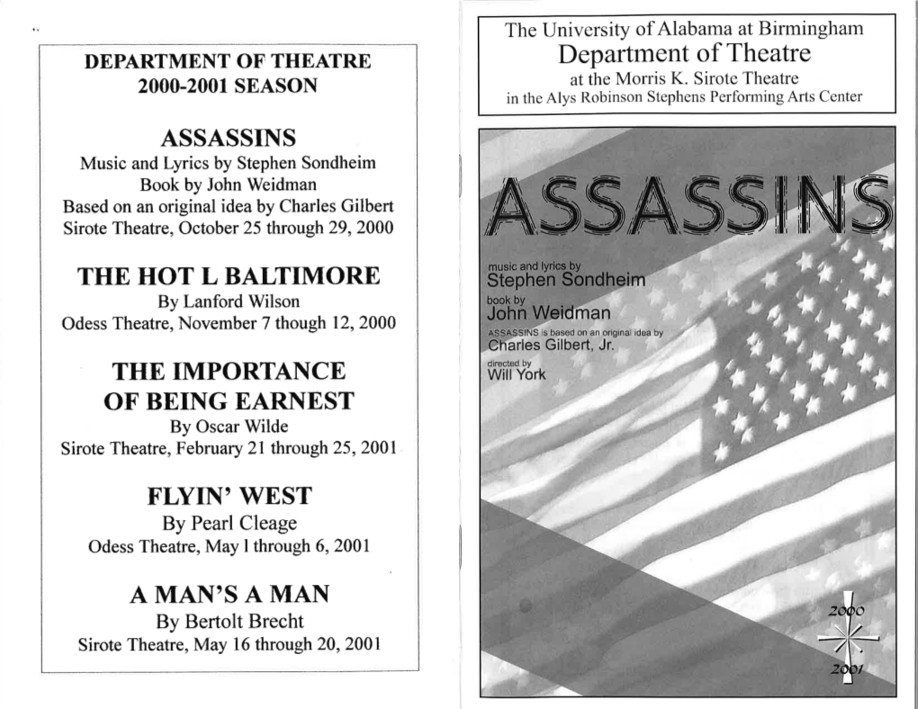 DEPARTMENT of THEATRE Department of Theatre 2000-2001 SEASON at the Morris K
