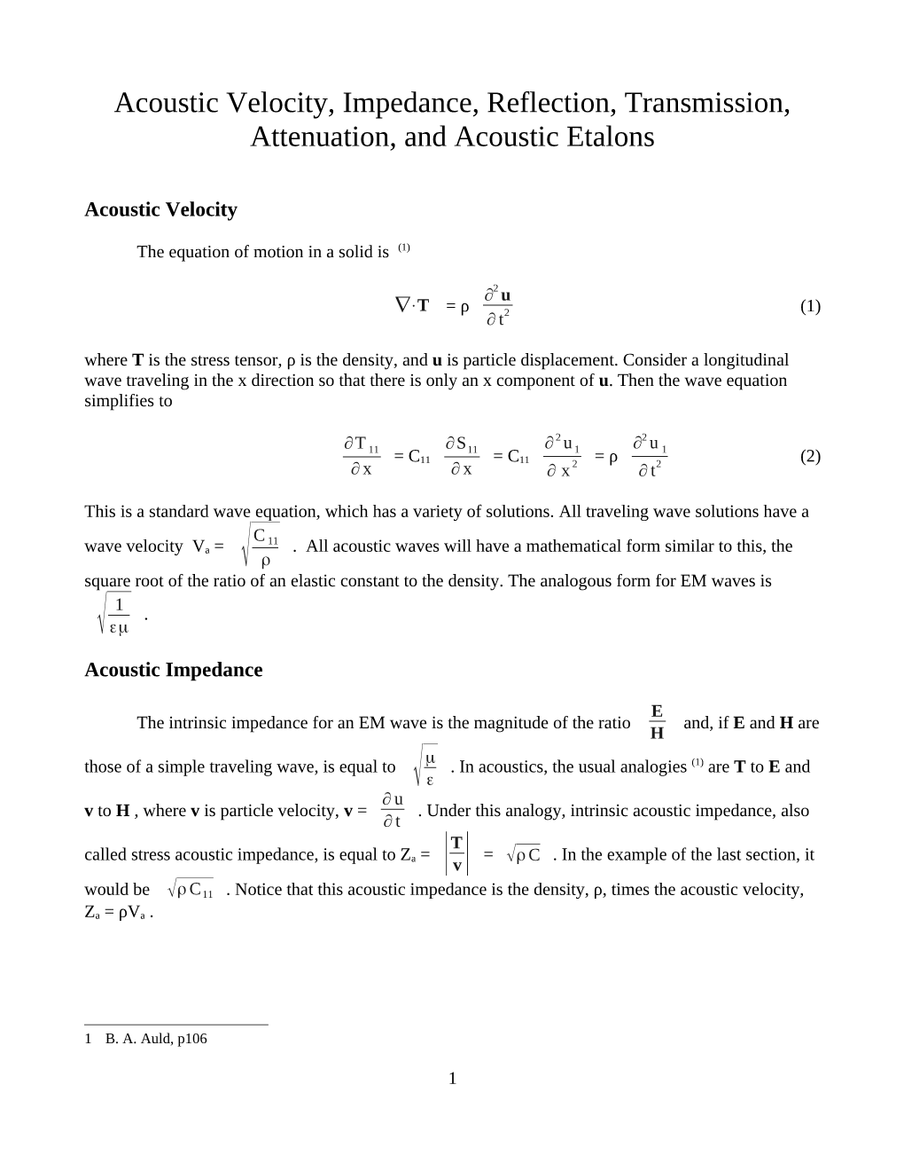 Acoustic Velocity, Impedance, Reflection, Transmission, Attenuation, and Acoustic Etalons