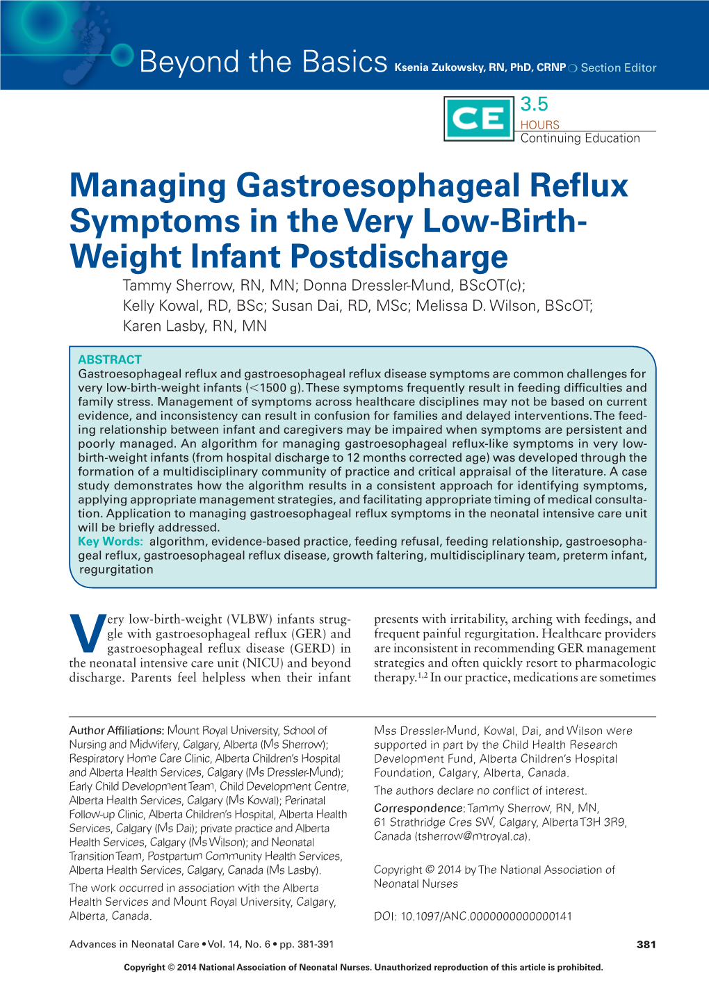 Managing Gastroesophageal Reflux Symptoms in the Very Low-Birth