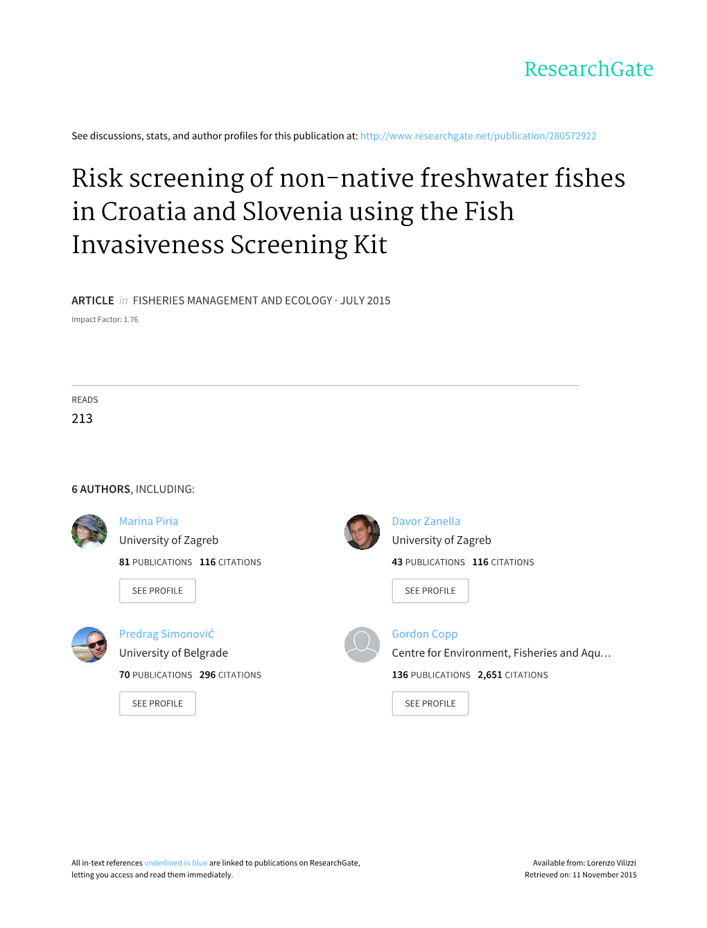 Risk Screening of Non-Native Freshwater Fishes in Croatia and Slovenia Using the Fish Invasiveness Screening Kit