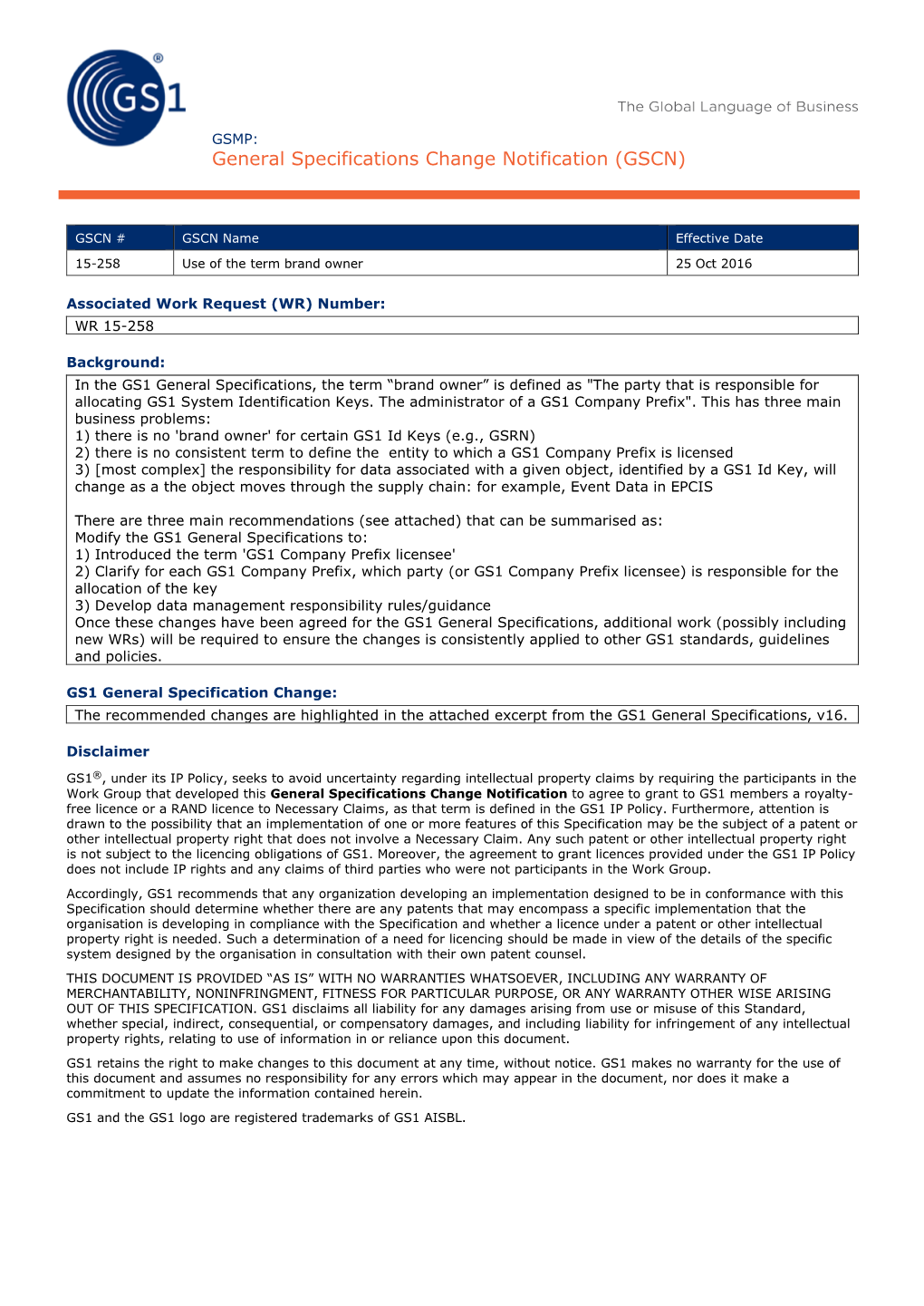 General Specifications Change Notification (GSCN)