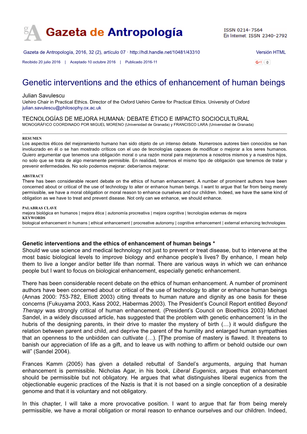 Genetic Interventions and the Ethics of Enhancement of Human Beings