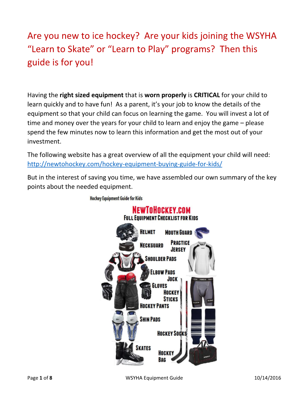 Are You New to Ice Hockey? Are Your Kids Joining the WSYHA “Learn to Skate” Or “Learn to Play” Programs? Then This Guide Is for You!
