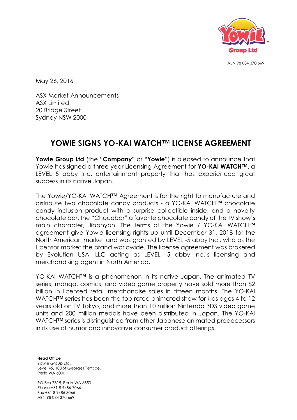 Yowie Signs Yo-Kai Watch License Agreement