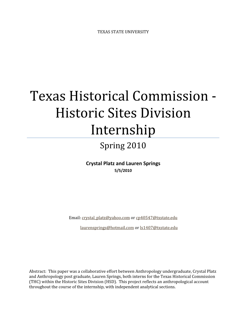 Texas Historical Commission - Historic Sites Division Internship Spring 2010