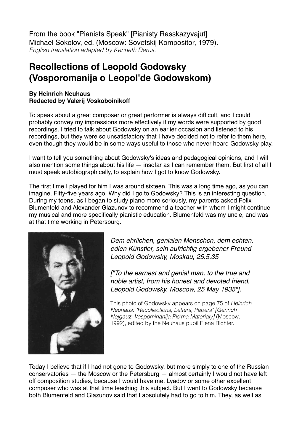 Recollections of Leopold Godowsky (Vosporomanija O Leopol'de Godowskom)