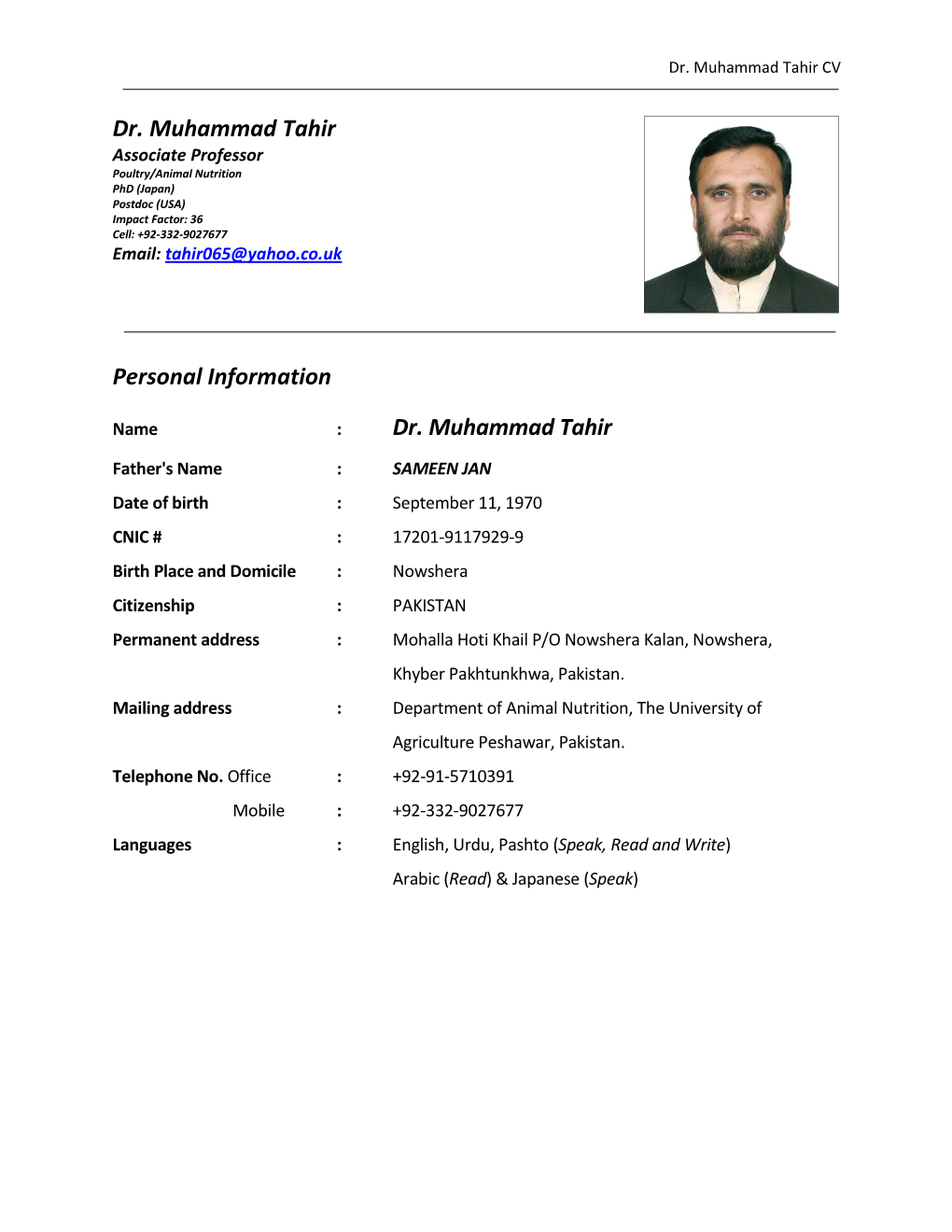 Dr. Muhammad Tahir CV