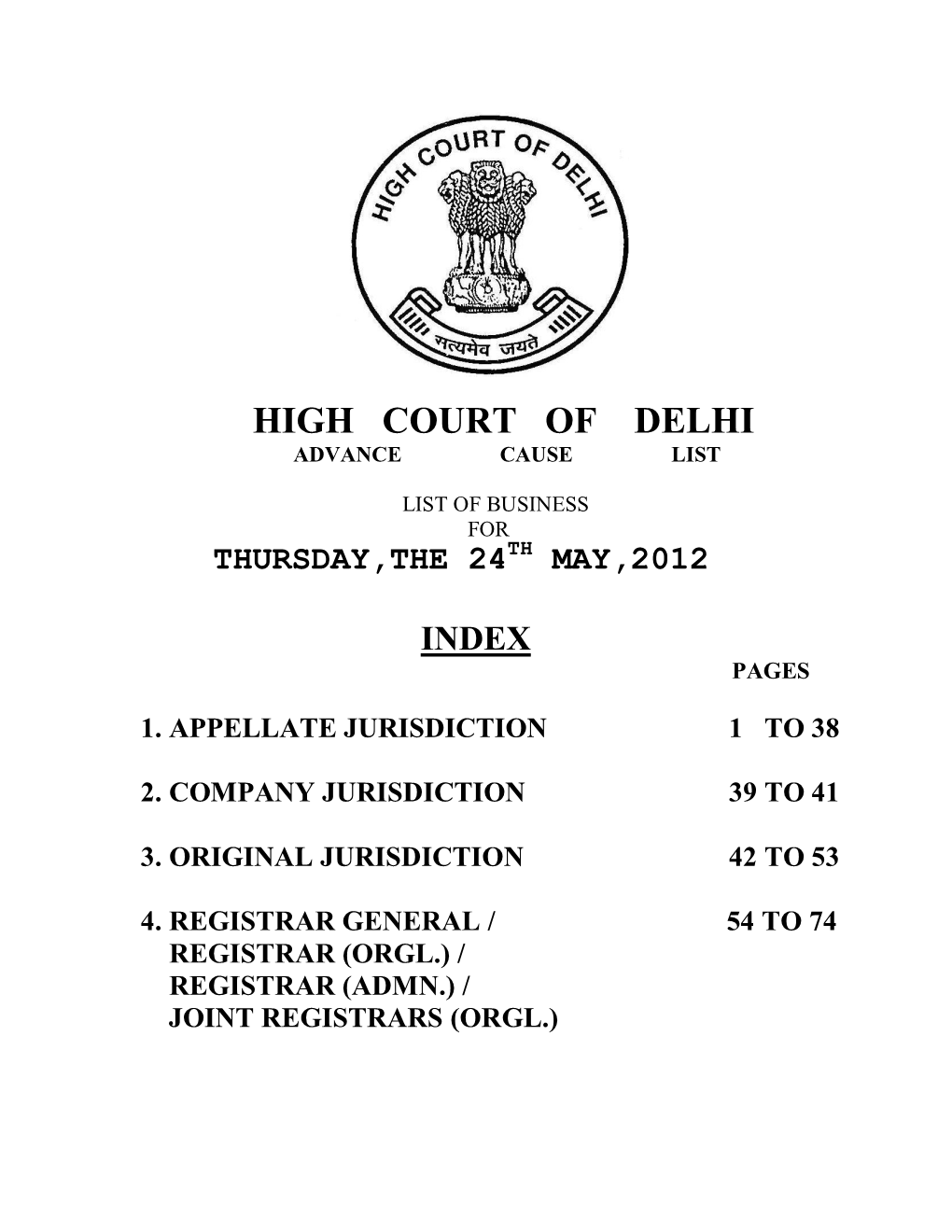 High Court of Delhi Advance Cause List