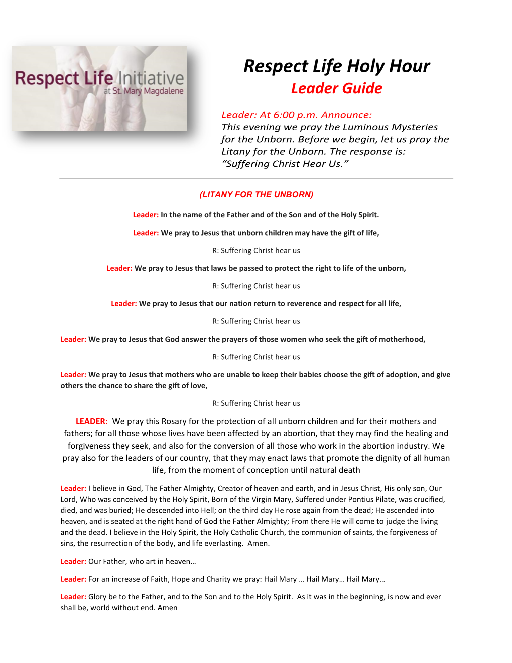 Respect Life Holy Hour Leader Guide