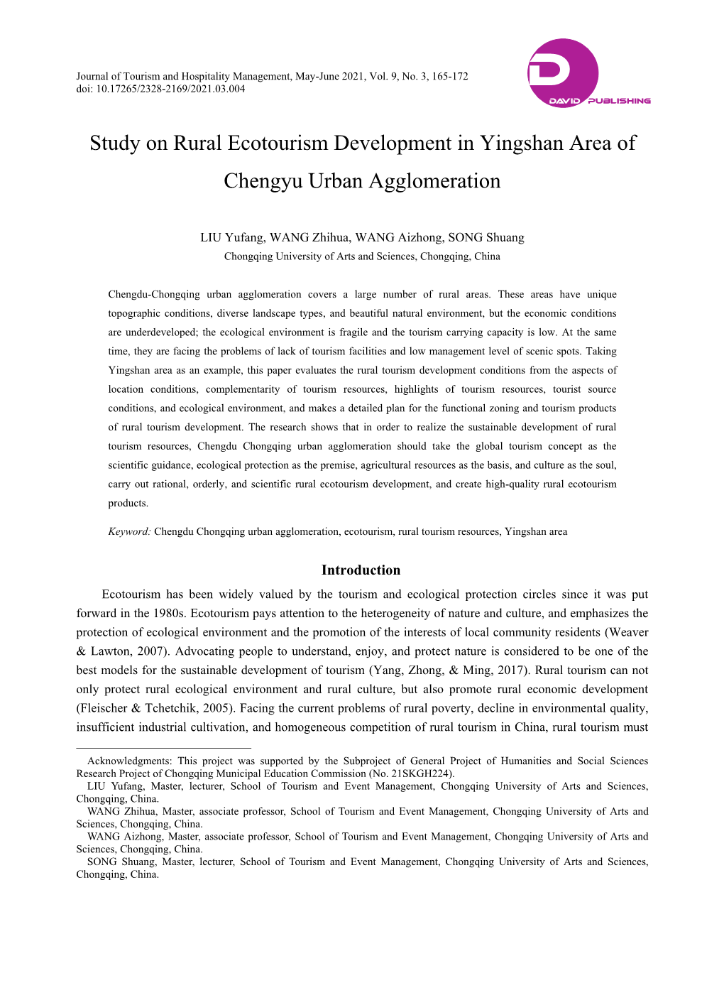 Study on Rural Ecotourism Development in Yingshan Area of Chengyu Urban Agglomeration