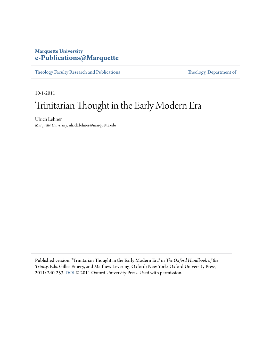 Trinitarian Thought in the Early Modern Era Ulrich Lehner Marquette University, Ulrich.Lehner@Marquette.Edu