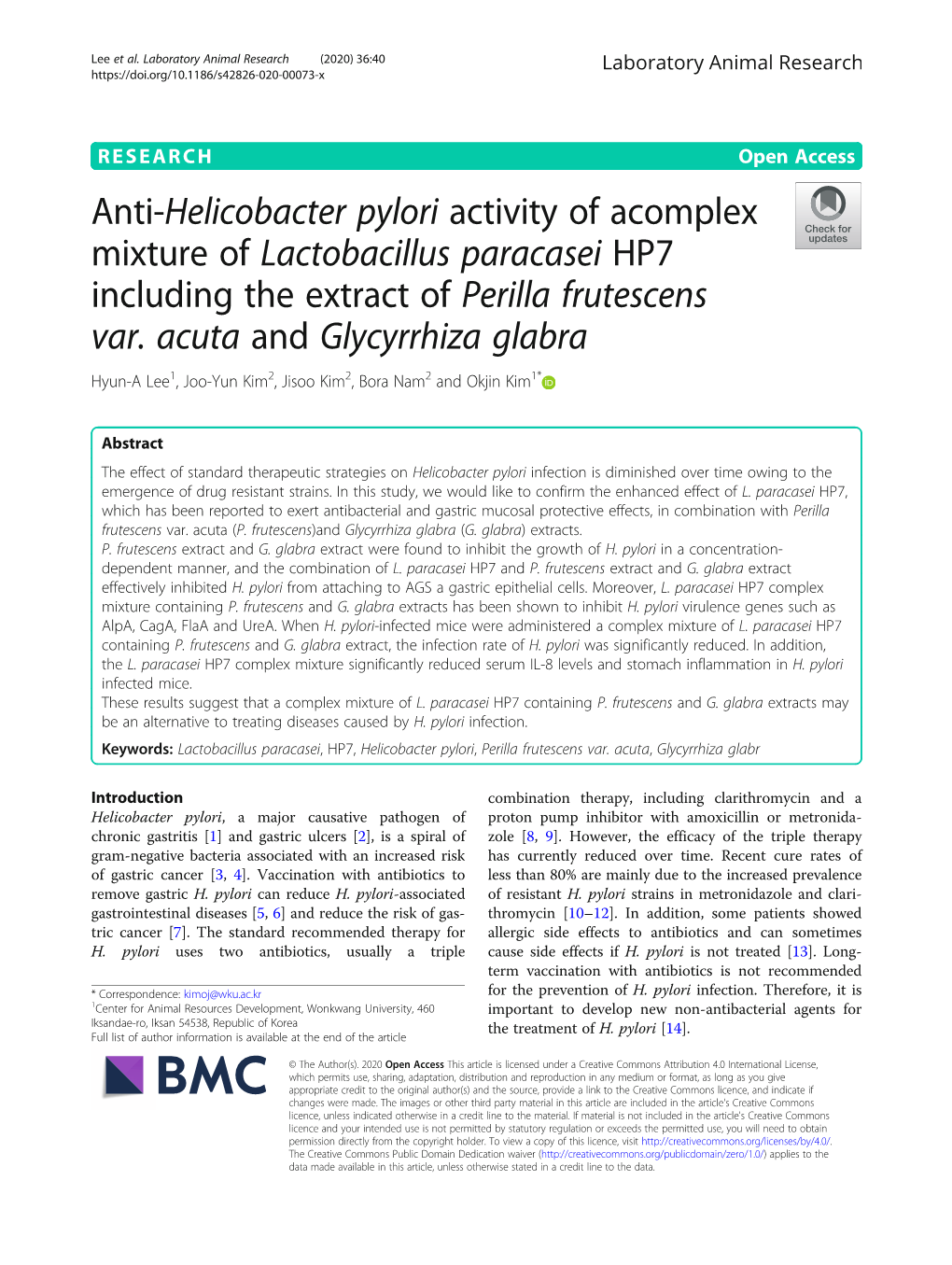 Anti-Helicobacter Pylori Activity of Acomplex Mixture of Lactobacillus Paracasei HP7 Including the Extract of Perilla Frutescens Var