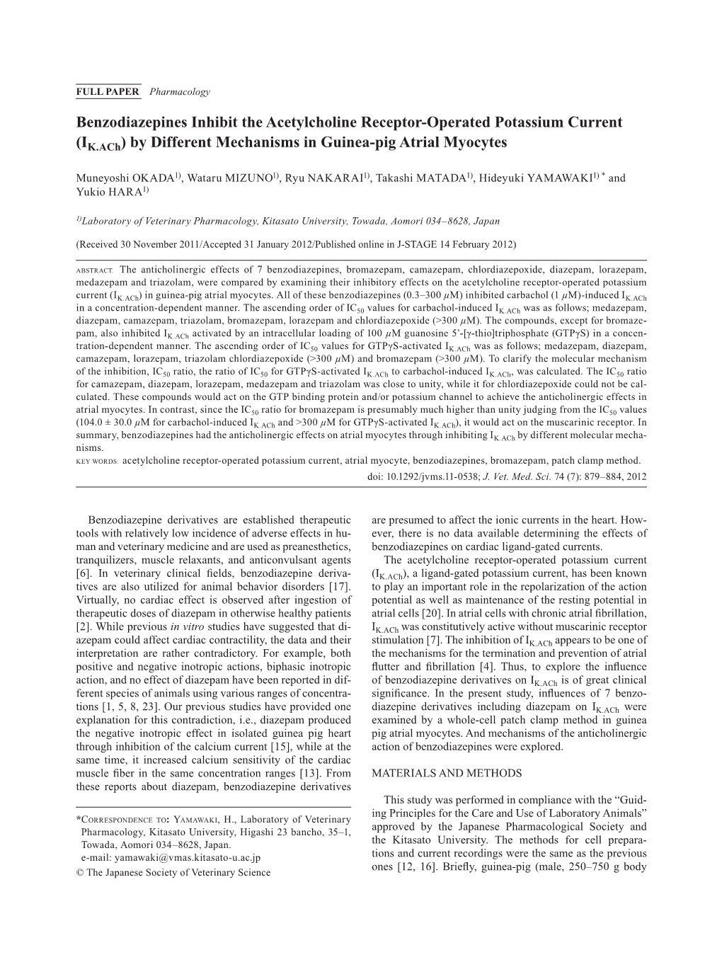 Benzodiazepines Inhibit the Acetylcholine Receptor-Operated Potassium Current (IK.Ach) by Different Mechanisms in Guinea-Pig Atrial Myocytes