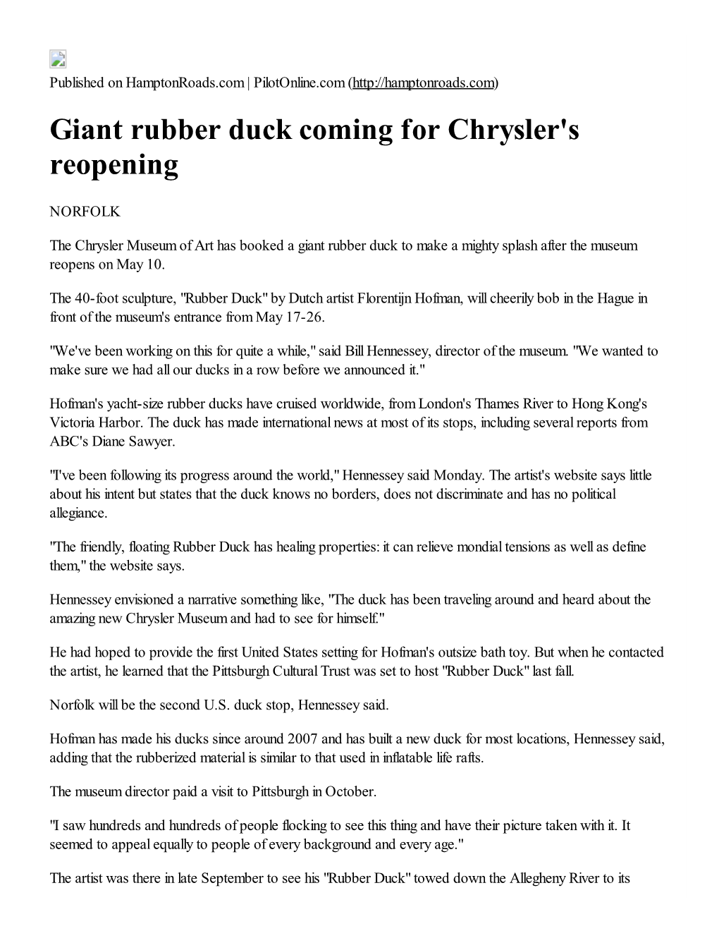 Giant Rubber Duck Coming for Chrysler's Reopening