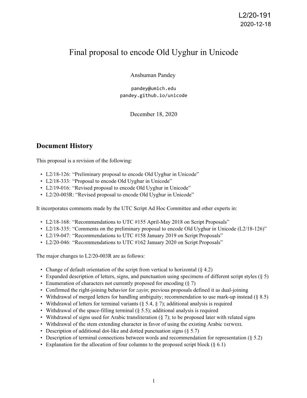 Final Proposal to Encode Old Uyghur in Unicode