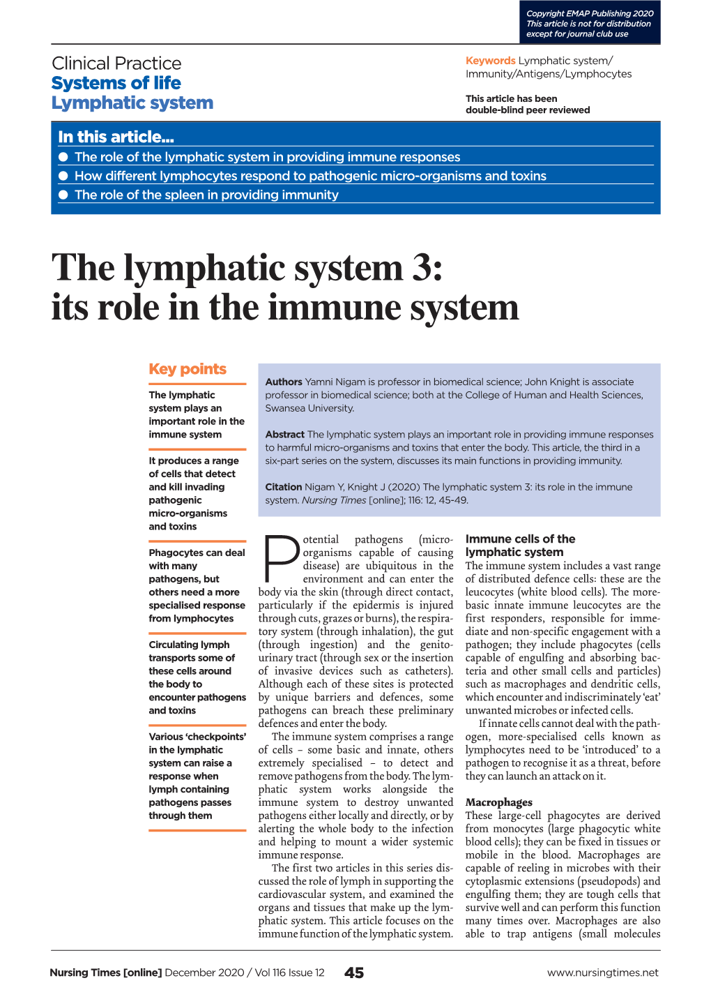 The Lymphatic System 3: Its Role in the Immune System