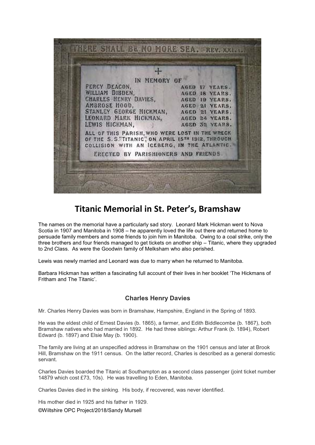 Titanic Memorial in St. Peter's, Bramshaw