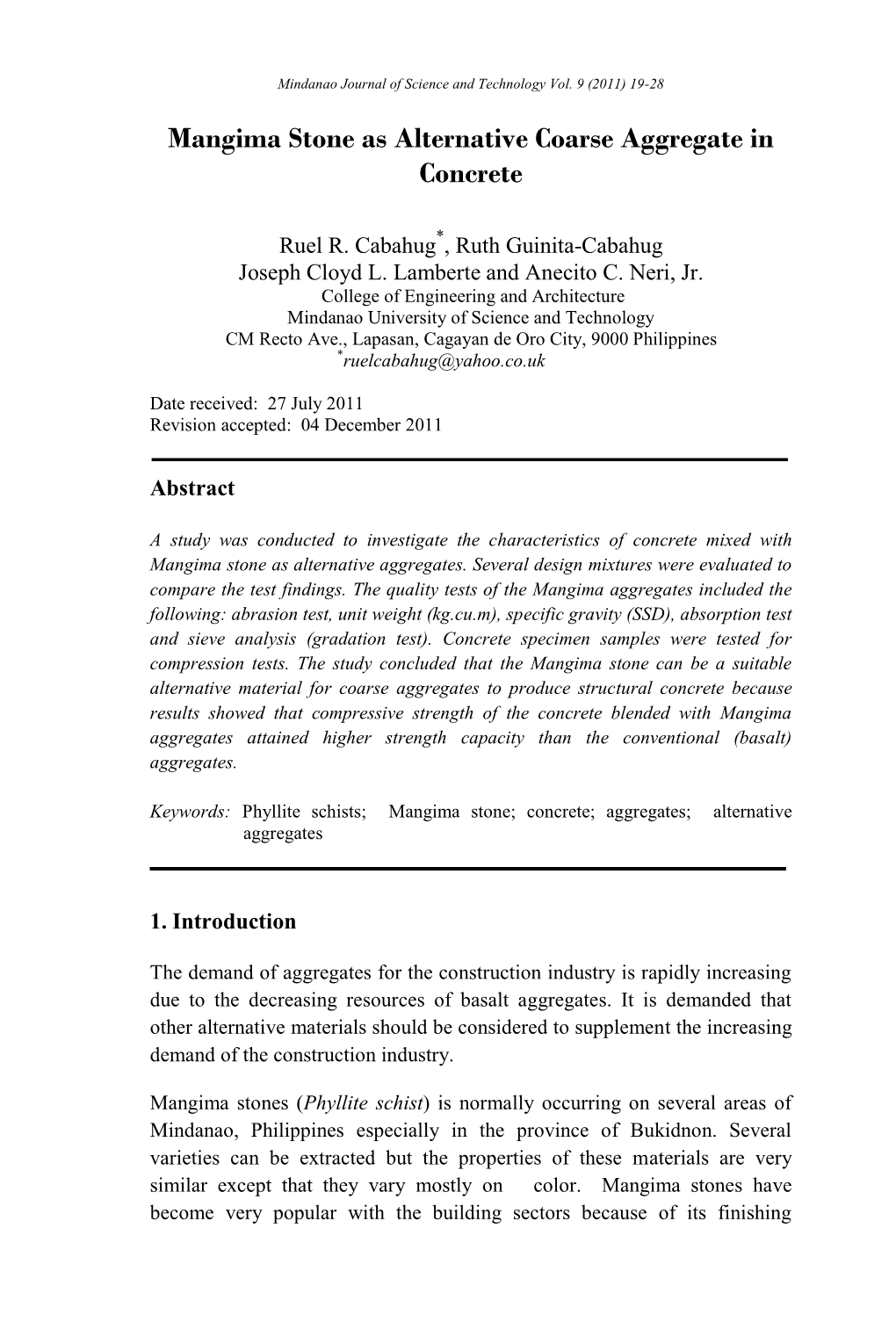 Mangima Stone As Alternative Coarse Aggregate in Concrete