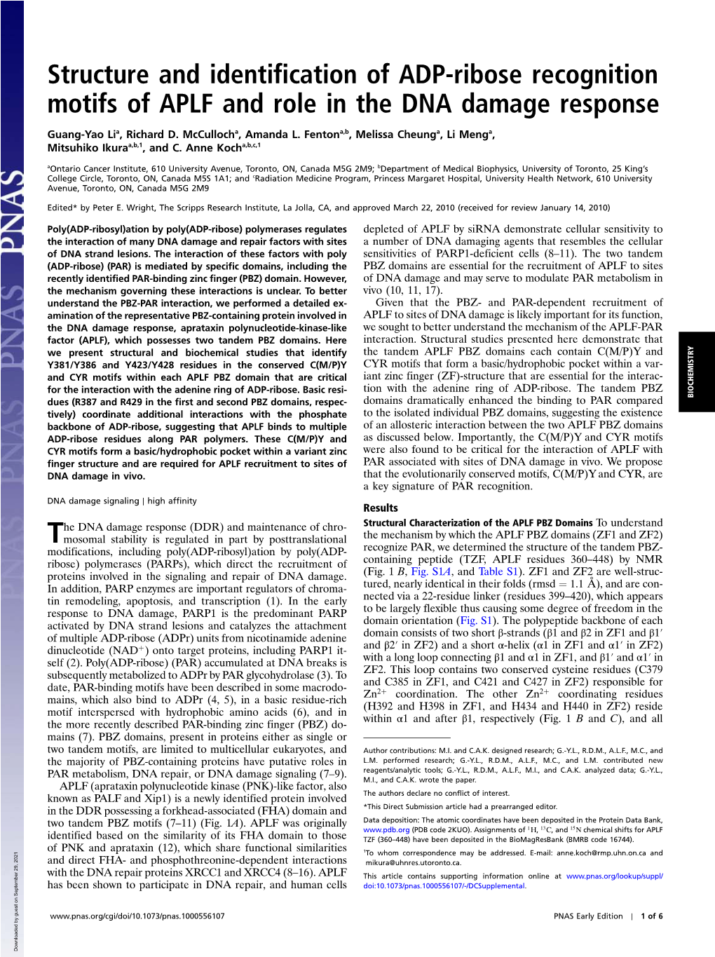 Structure and Identification of ADP-Ribose Recognition Motifs of APLF and Role in the DNA Damage Response