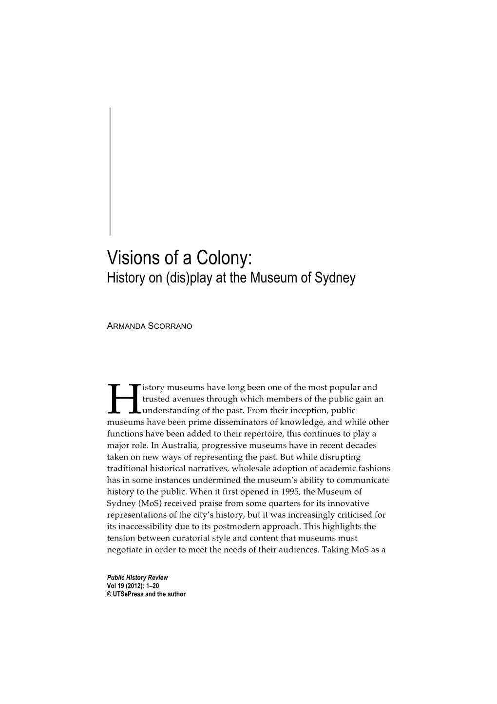 Visions of a Colony: History on (Dis)Play at the Museum of Sydney