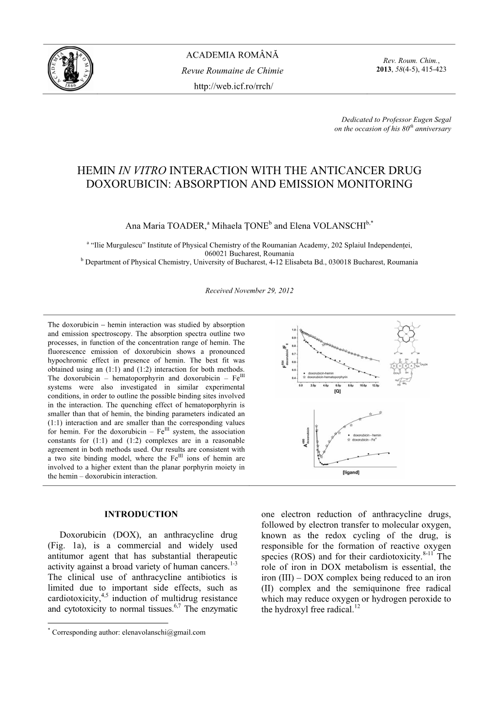 Hemin in Vitro Interaction with the Anticancer Drug Doxorubicin: Absorption and Emission Monitoring