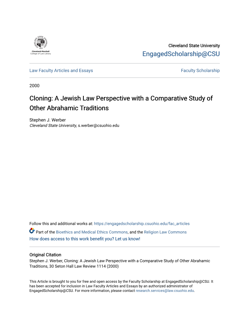 Cloning: a Jewish Law Perspective with a Comparative Study of Other Abrahamic Traditions