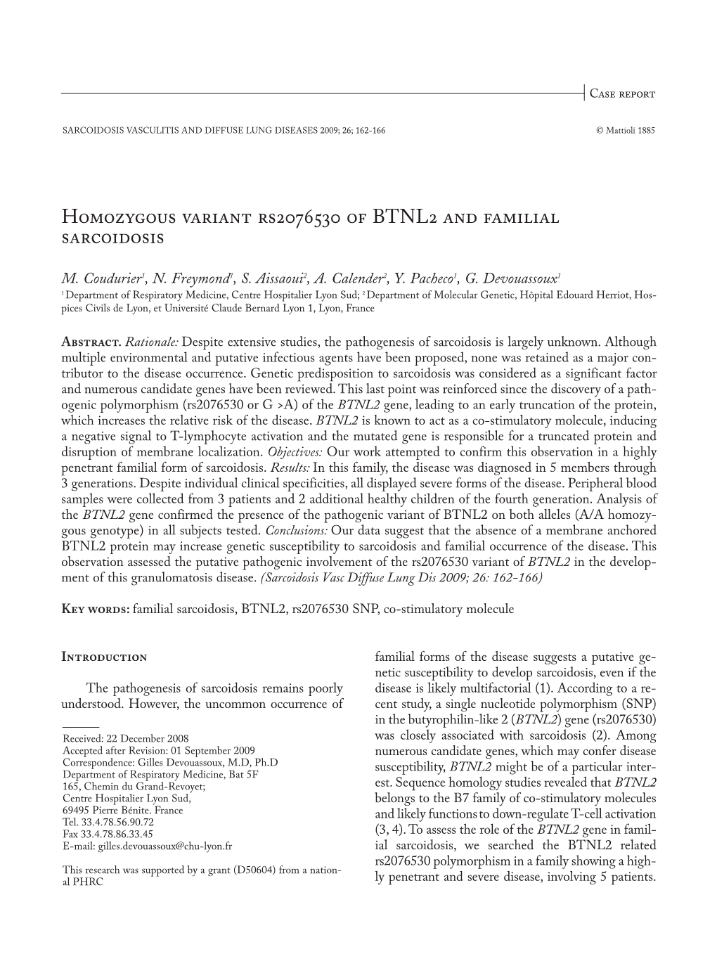 Homozygous Variant Rs2076530 of BTNL2 and Familial Sarcoidosis