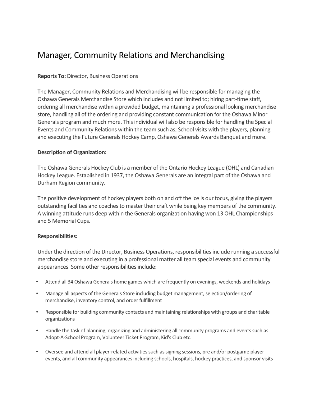 Manager, Community Relations and Merchandising